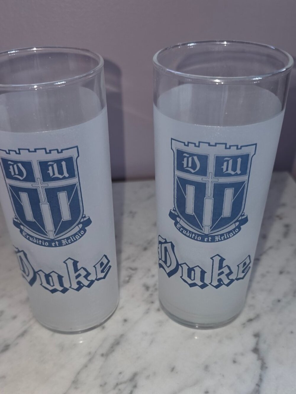 Vintage Duke University Glasses Frosted Highball Set Blue Devils Crest Pair